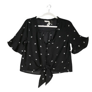 Blu Pepper Blouse Womens Large Black White Tie Waist Crinkle Boho Cropped Top